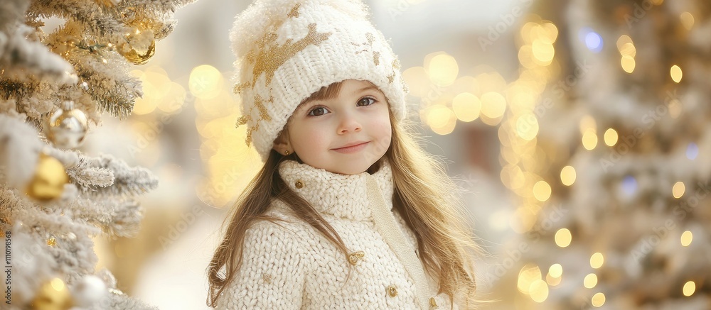 Little girl in white knitted attire poses near a beautifully decorated Christmas tree capturing the essence of holiday joy and celebration