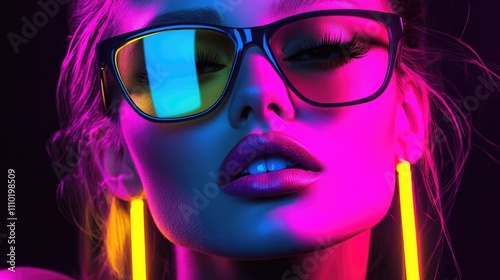 Stylish woman with neon reflections in sunglasses showcasing vibrant colors and contemporary fashion in a dark artistic setting