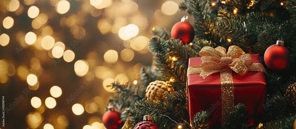 Red Christmas ornaments and a gift box on a shimmering golden background creating a festive holiday atmosphere with warm lighting. Red Christmas ornaments and a gift box on a shimmering golden background creating a festive holiday atmosphere with warm lighting.