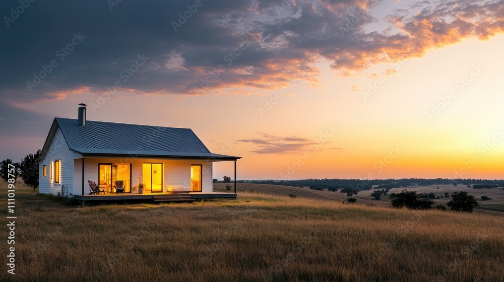 Bright, minimalist one-story L-shaped house featuring a wraparound porch, set against a peaceful rural backdrop at sunset. Bright, minimalist one-story L-shaped house featuring a wraparound porch, set against a peaceful rural backdrop at sunset.
