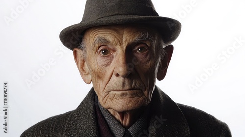 Elderly foreman portrait with hat in formal attire set against a plain white background, conveying wisdom and experience