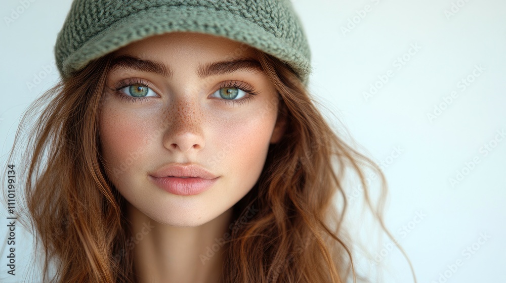 Girl with green hat making a playful pout against a clean white backdrop showcasing natural beauty and expressive emotions. Girl with green hat making a playful pout against a clean white backdrop showcasing natural beauty and expressive emotions.