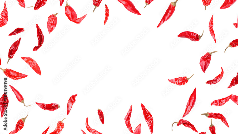 Red chili peppers scattered on a black background. Red chili peppers scattered on a black background.