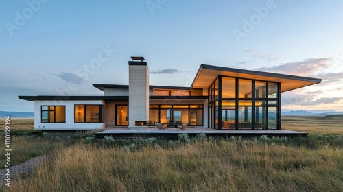 Contemporary L-shaped house with floor-to-ceiling windows and sleek white walls, situated on a vast open field.