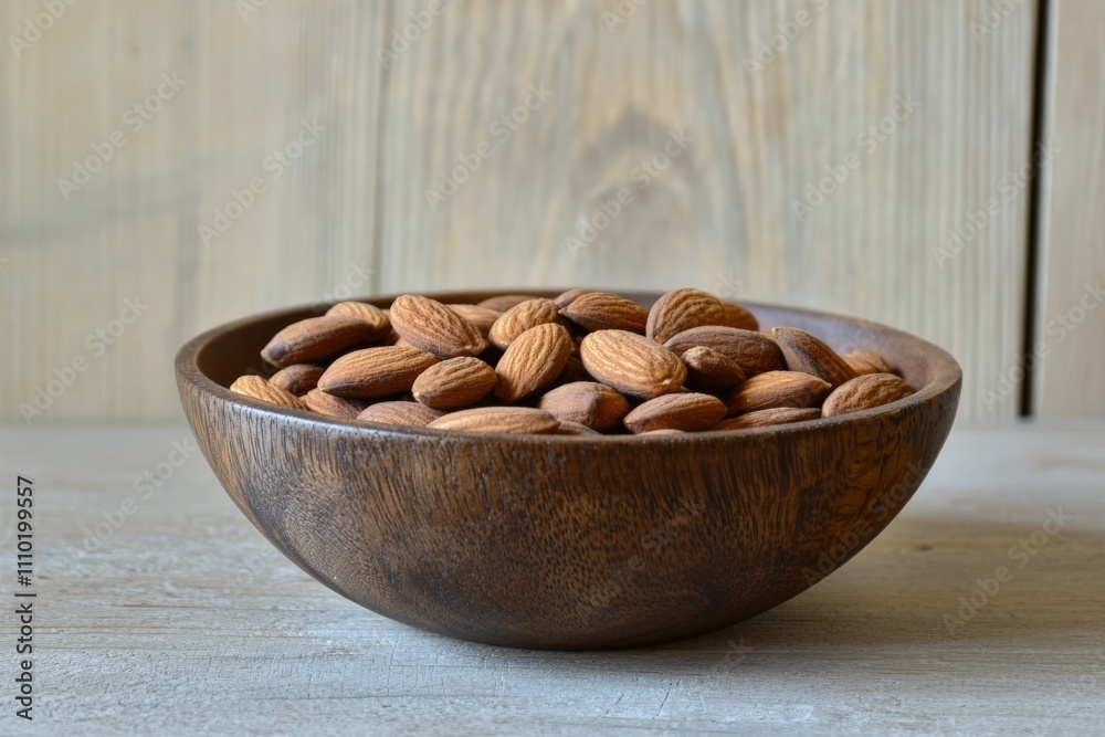 a bowl full of almonds on a wooden table