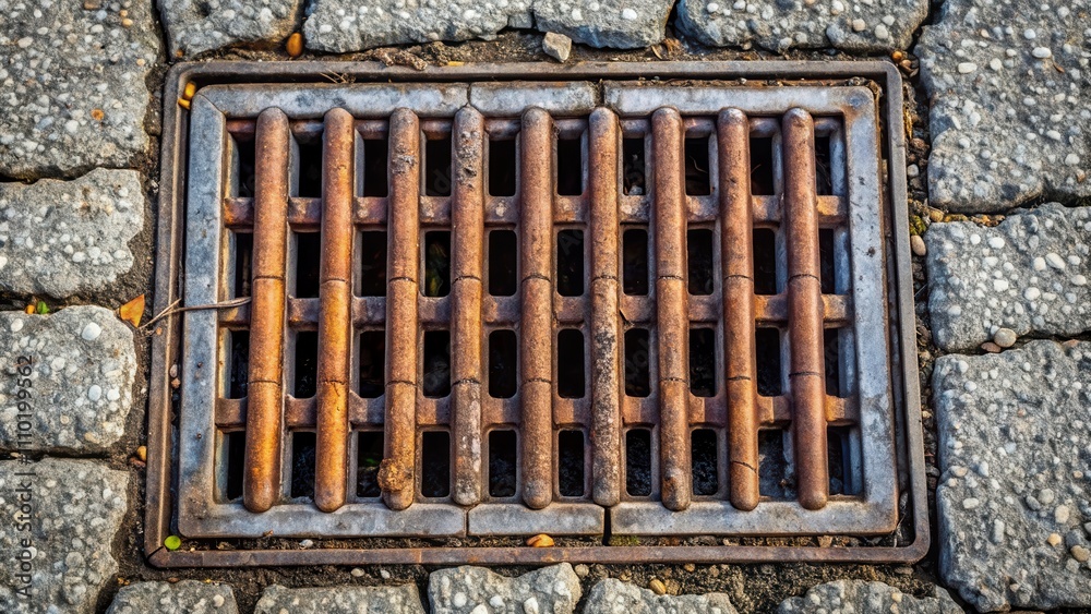 A weathered iron grate set in a cobblestone path, showcasing the passage of time and the elements A weathered iron grate set in a cobblestone path, showcasing the passage of time and the elements