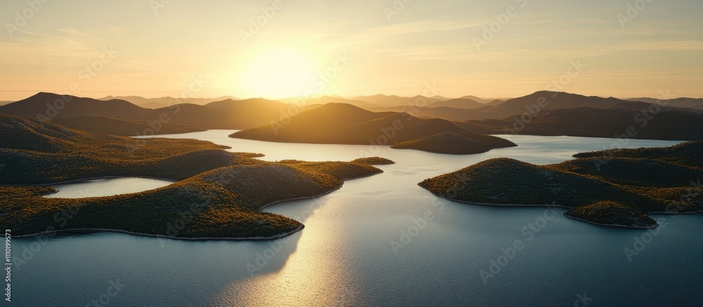 Fototapeta premium Sunset over Rogoznica coast aerial view showcasing serene waters and lush islands in the distance tranquil natural landscape background.