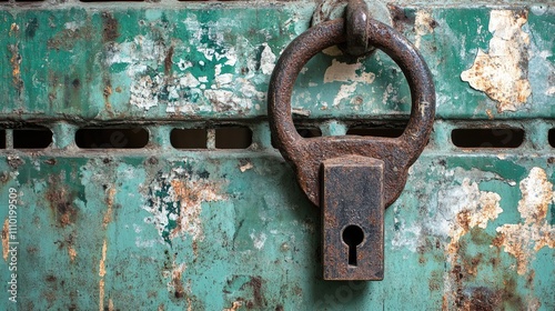 Rusty padlock on weathered green gate close-up showcasing vintage charm and security without a key, perfect for themes of abandonment and history.