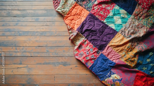 A vivid depiction of a multi-colored quilt with diverse patterns spread out on a simple wooden floor, Symbolizing the warmth and comfort found in embracing a variety of perspectives, minimalist style photo