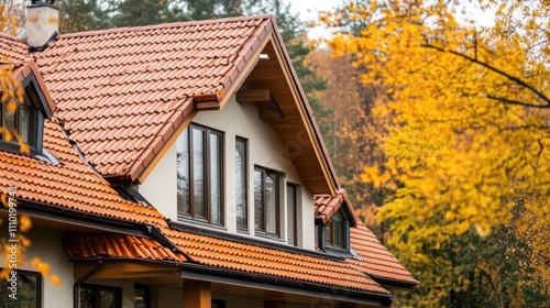 Wallpaper Mural Inspection of Copper Rain Gutter and Rain Pipe on a Tiled Roof with Autumn Foliage Surrounding the House Torontodigital.ca
