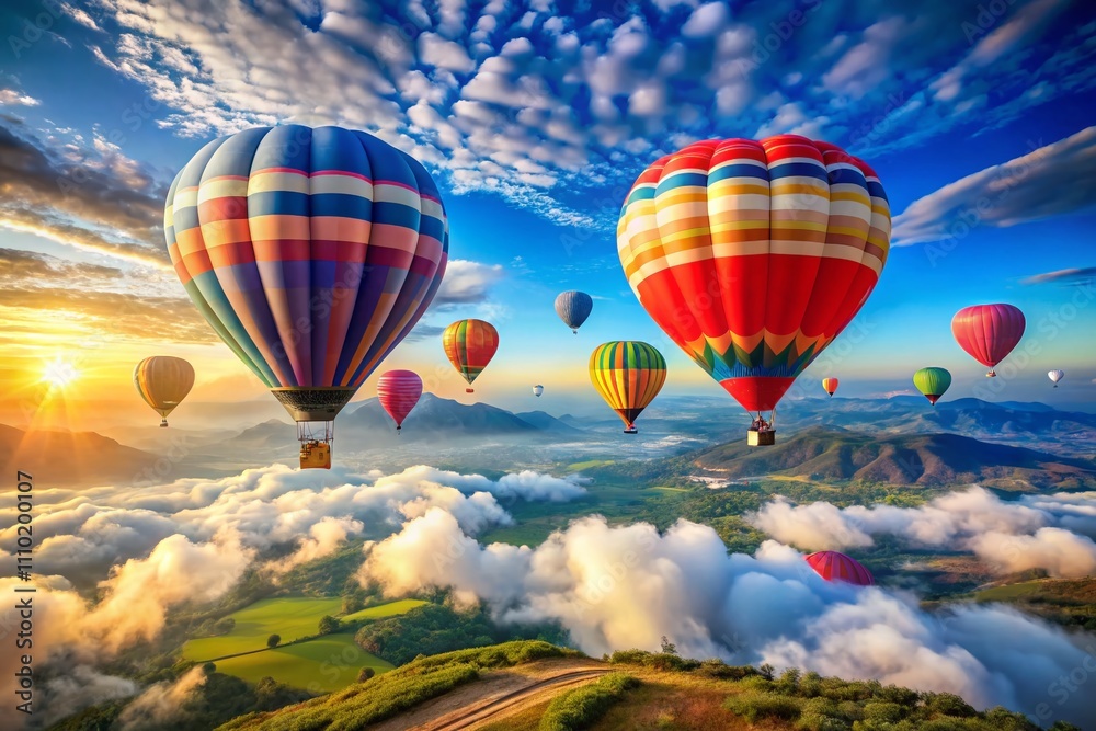 Obraz premium A Romantic Drone Photography Scene Featuring Colorful Hot Air Balloons for Valentine's Day, Perfect for Love Cards and Celebrating Romance in the Sky