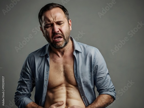 a man is holding his stomach because he is in pain photo