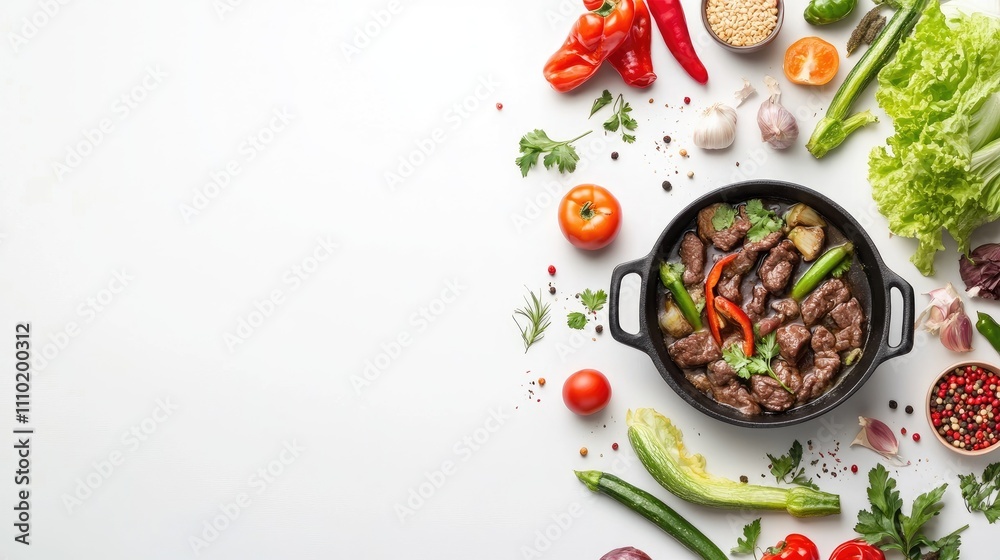 Fresh Ingredients and Beef Stew in a Black Pot on White Background Fresh Ingredients and Beef Stew in a Black Pot on White Background