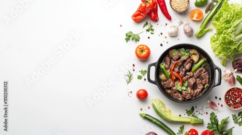 Wallpaper Mural Fresh Ingredients and Beef Stew in a Black Pot on White Background Torontodigital.ca