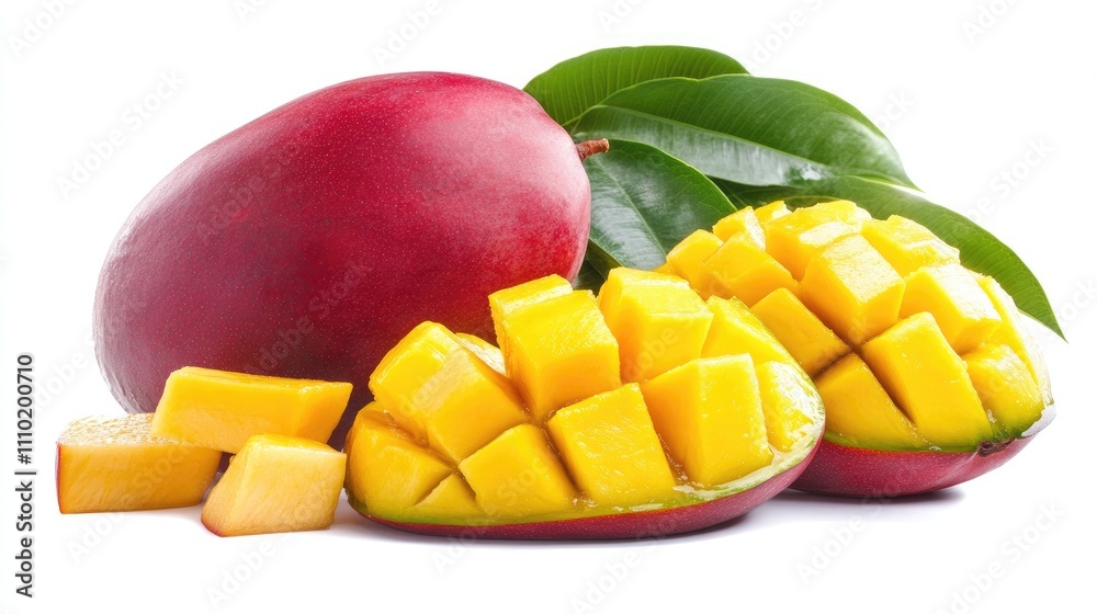 Fresh ripe mango fruit with vibrant yellow flesh and green leaves isolated on a clean white background for healthy food concepts. Fresh ripe mango fruit with vibrant yellow flesh and green leaves isolated on a clean white background for healthy food concepts.