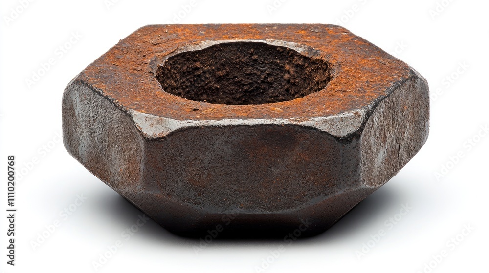 Corroded metal nut with rugged texture isolated on white background symbolizing decay and industrial wear in mechanical components Corroded metal nut with rugged texture isolated on white background symbolizing decay and industrial wear in mechanical components