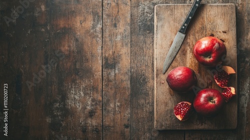 Freshly sliced pomegranate and whole fruit on a rustic wooden cutting board with a knife on an aged wooden table background
