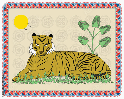 Nature's Powerhouse: A Captivating Madhubani Tapestry Featuring a Tiger. Madhubani tiger art, Indian folk art tiger, Madhubani wildlife art, Madhubani jungle art.