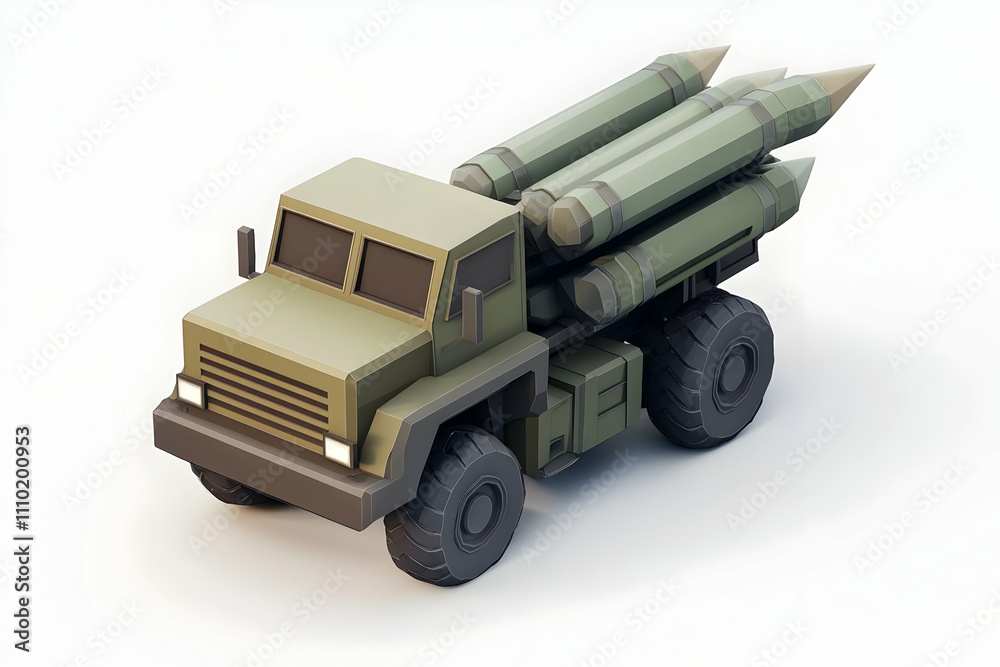 A stylized military truck equipped with missile launchers, designed for combat purposes. A stylized military truck equipped with missile launchers, designed for combat purposes.