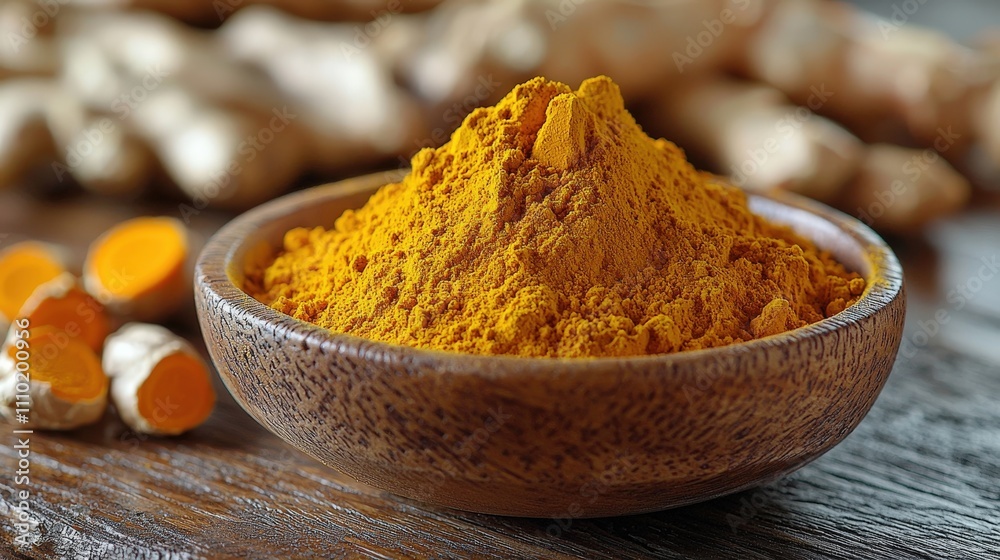 Turmeric powder in wooden bowl with fresh roots on rustic table Turmeric powder in wooden bowl with fresh roots on rustic table
