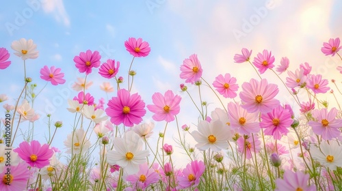 Colorful cosmos flowers blooming under a clear sky during golden hour showcasing nature's beauty and tranquility in full bloom.