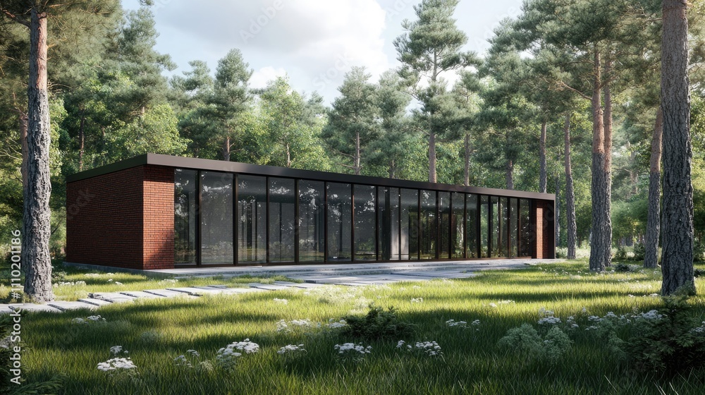Modern architectural design featuring a sleek brown brick house with expansive glass windows surrounded by lush greenery. Modern architectural design featuring a sleek brown brick house with expansive glass windows surrounded by lush greenery.