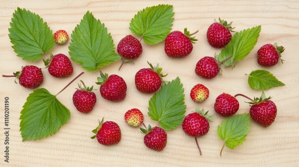Fresh strawberries and green leaves arranged on a wooden surface with natural white space for healthy food concepts and culinary designs Fresh strawberries and green leaves arranged on a wooden surface with natural white space for healthy food concepts and culinary designs