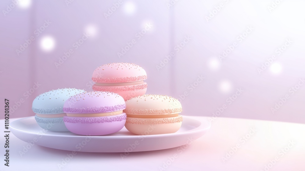A modern minimalist illustration of macarons in pastel colors arranged on a white plate, with a soft blurred background A modern minimalist illustration of macarons in pastel colors arranged on a white plate, with a soft blurred background