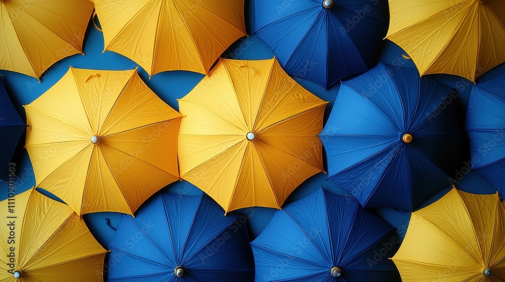 Colorful overhead view of yellow and blue umbrellas pattern on a sunny day Colorful overhead view of yellow and blue umbrellas pattern on a sunny day