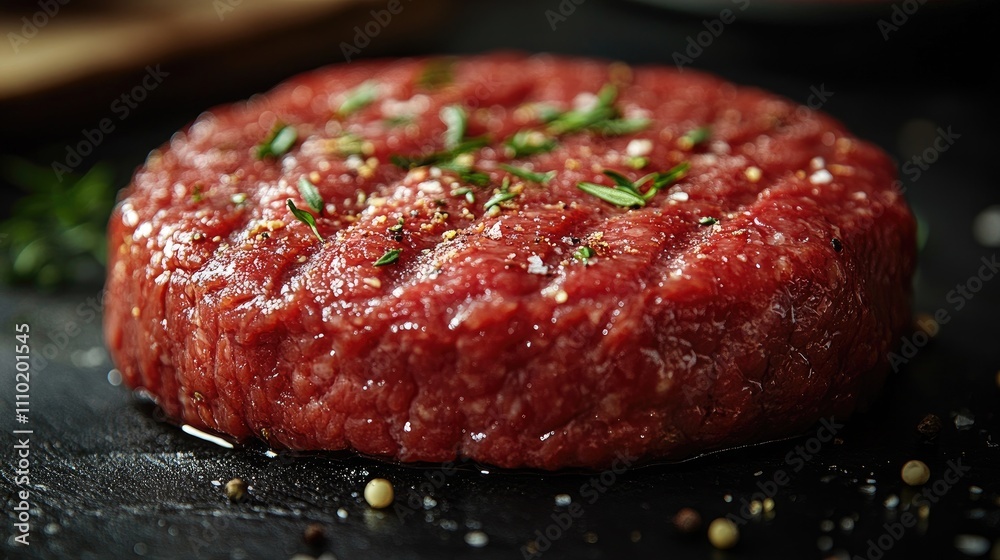 Freshly ground red burger meat showcasing rich texture and seasoning on a sleek black backdrop ideal for food preparation concepts
