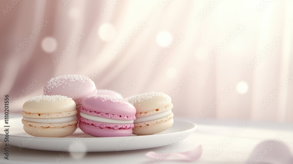 A modern minimalist illustration of macarons in pastel colors arranged on a white plate, with a soft blurred background A modern minimalist illustration of macarons in pastel colors arranged on a white plate, with a soft blurred background