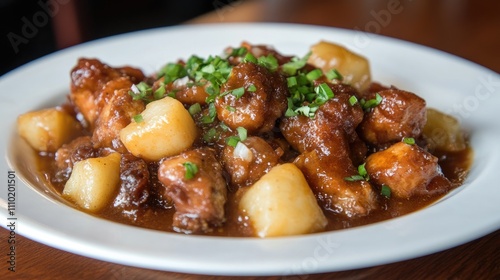 Authentic Massaman chicken curry with tender chicken and potatoes garnished with fresh herbs in a vibrant presentation