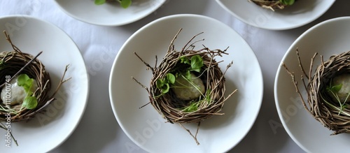 Elegant gourmet presentation of appetizer baskets made of twigs with delicate pÃ¢tÃ© and fresh greens on fine dishware. photo