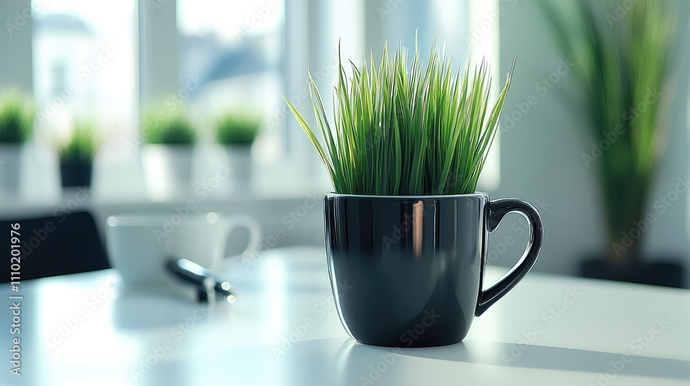 Business concept keyword ranking text on white background with pen and black pot featuring green grass in modern office setting Business concept keyword ranking text on white background with pen and black pot featuring green grass in modern office setting