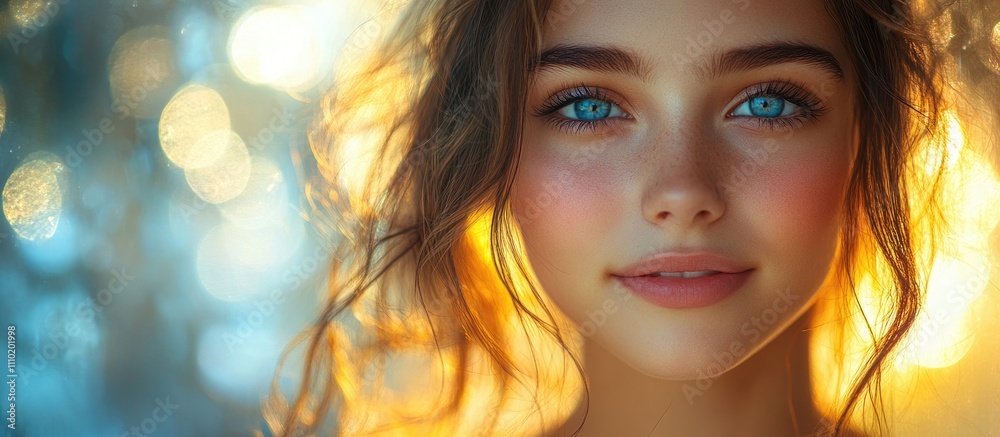 Cheerful girl with bright blue eyes and warm smile against a dreamy golden bokeh background capturing youthful joy and serenity. Cheerful girl with bright blue eyes and warm smile against a dreamy golden bokeh background capturing youthful joy and serenity.