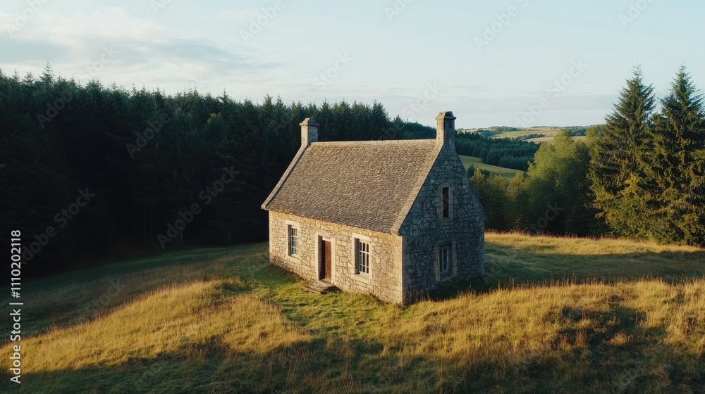 Aerial view of a rustic country house surrounded by lush greenery and tall trees in a tranquil rural landscape Aerial view of a rustic country house surrounded by lush greenery and tall trees in a tranquil rural landscape