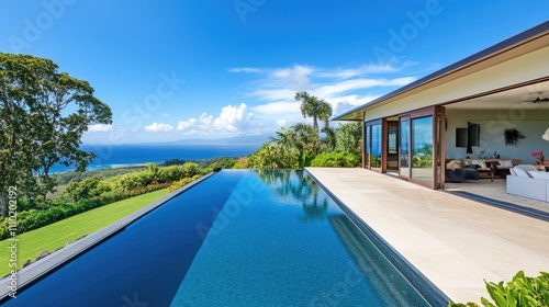 Minimalist L-shaped home with an infinity pool and panoramic views of the ocean from the backyard.