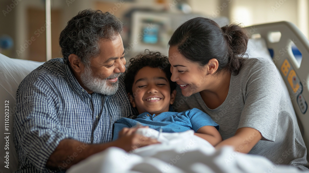 Obraz premium Family smiling with child in hospital bed, symbol of hope