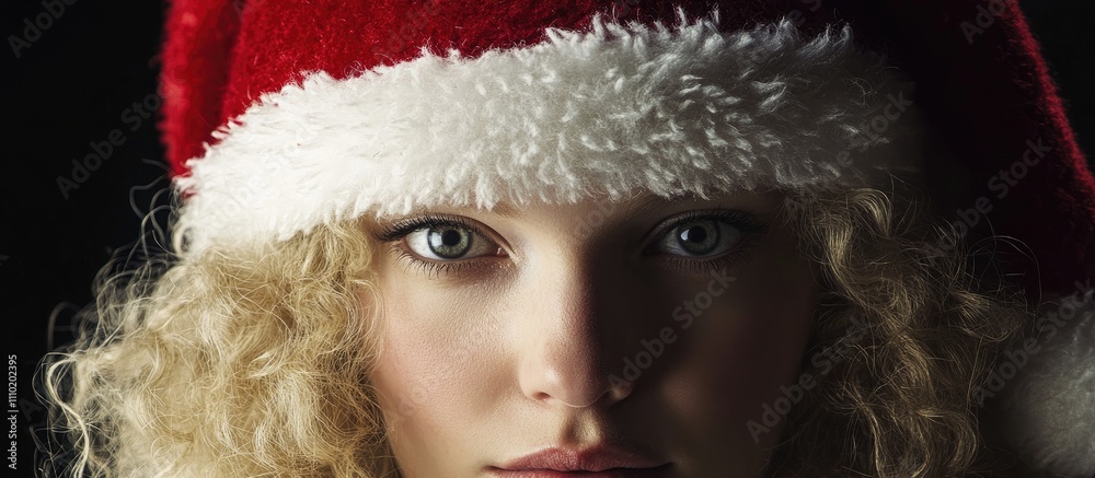 Christmas themed portrait of a woman wearing a festive Santa Claus hat in a professional studio setting Christmas themed portrait of a woman wearing a festive Santa Claus hat in a professional studio setting