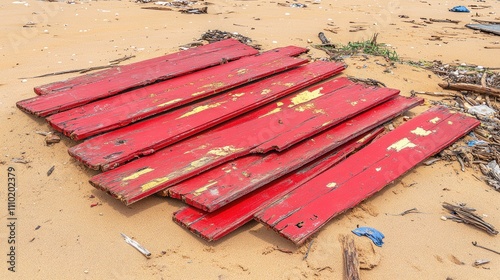 Weathered red wooden planks discarded on sandy beach highlighting waste and old building materials unsuitable for reuse photo