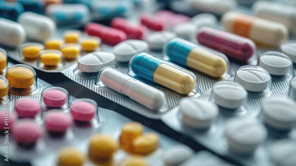 Assorted pharmaceutical capsules and tablets arranged in packs on a textured surface showcasing various colors and shapes of headache medicine. Assorted pharmaceutical capsules and tablets arranged in packs on a textured surface showcasing various colors and shapes of headache medicine.