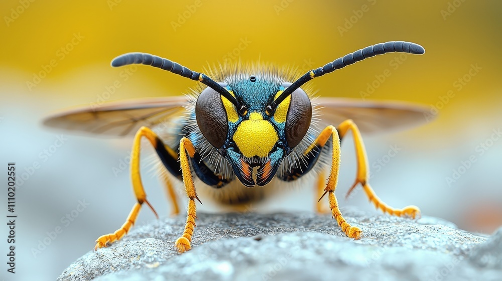 Close-up of a vibrant yellow and black wasp on a stone in natural light Close-up of a vibrant yellow and black wasp on a stone in natural light
