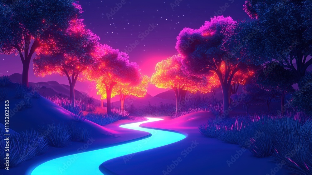 Ethereal Twilight Scene with Luminous River Flowing Through Vibrant Trees and Surreal Landscape Under Starry Sky at Dusk Ethereal Twilight Scene with Luminous River Flowing Through Vibrant Trees and Surreal Landscape Under Starry Sky at Dusk