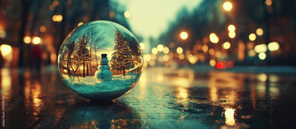 Glass magic ball reflecting a winter scene with a snowman and pine trees on an urban street at dusk. Glass magic ball reflecting a winter scene with a snowman and pine trees on an urban street at dusk.
