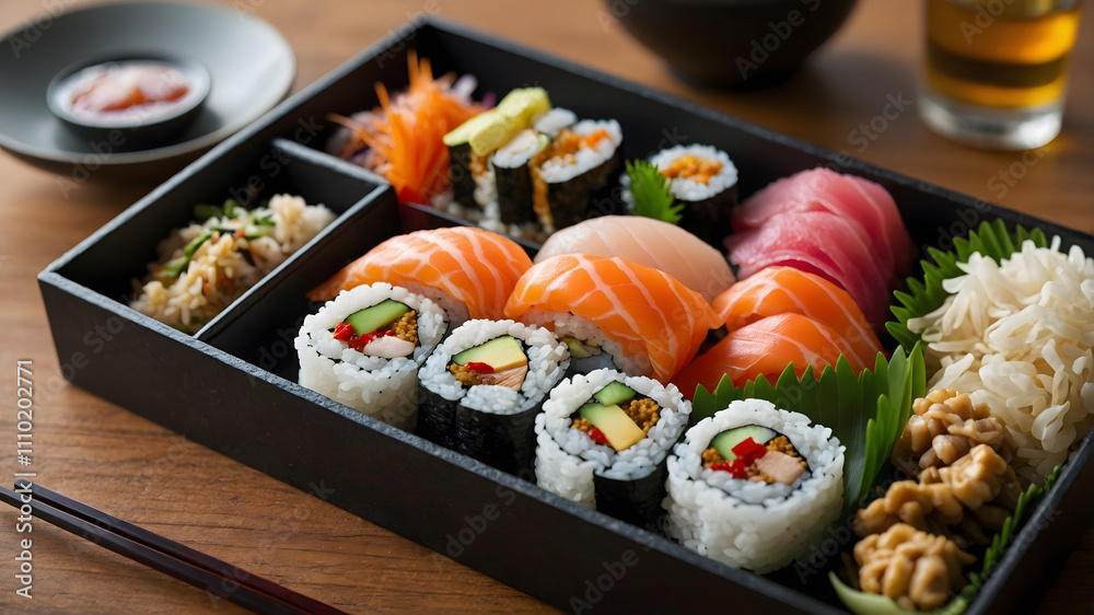 Delicious Salmon Sushi Roll on a Plate with Fresh Vegetables and Wasabi Healthy Japanese Cuisine for Dinner or Lunch Delicious Salmon Sushi Roll on a Plate with Fresh Vegetables and Wasabi Healthy Japanese Cuisine for Dinner or Lunch