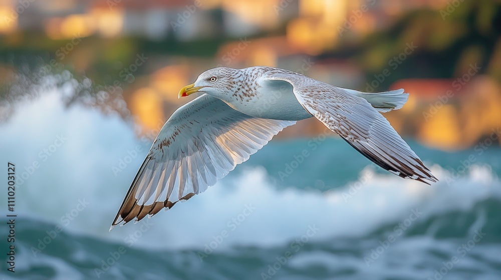 Fototapeta premium Seagull soaring over ocean waves with a blurred coastal background and soft golden light creating a serene coastal atmosphere