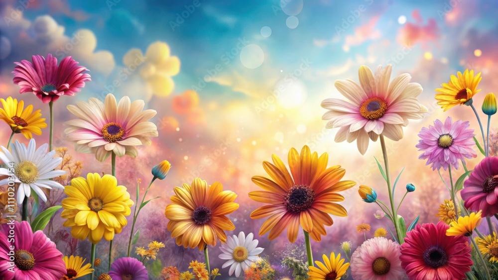 Fototapeta premium A vibrant summer meadow filled with a symphony of colorful daisies, blossoming under a sky of soft pastels and shimmering sunlight.