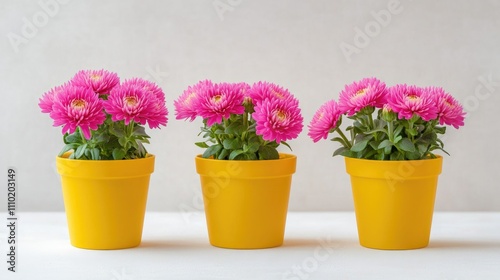 Vibrant pink Bellis flowers in bright yellow pots against a clean white background creating a cheerful decorative display for spring.