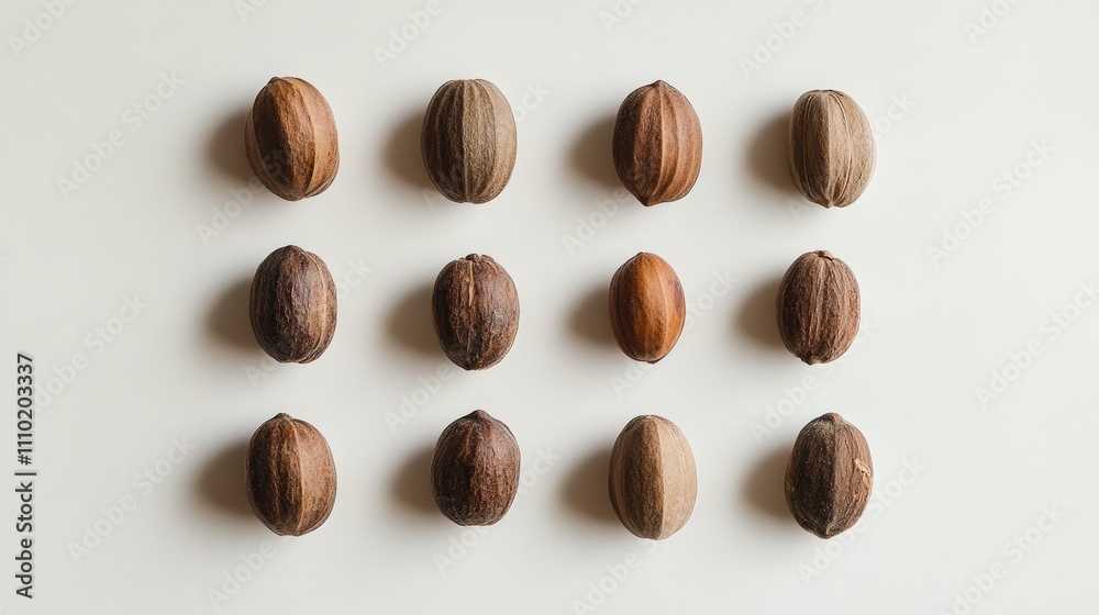 Nutmeg seeds arranged in a grid pattern on a clean white background showcasing their natural textures and colors. Nutmeg seeds arranged in a grid pattern on a clean white background showcasing their natural textures and colors.