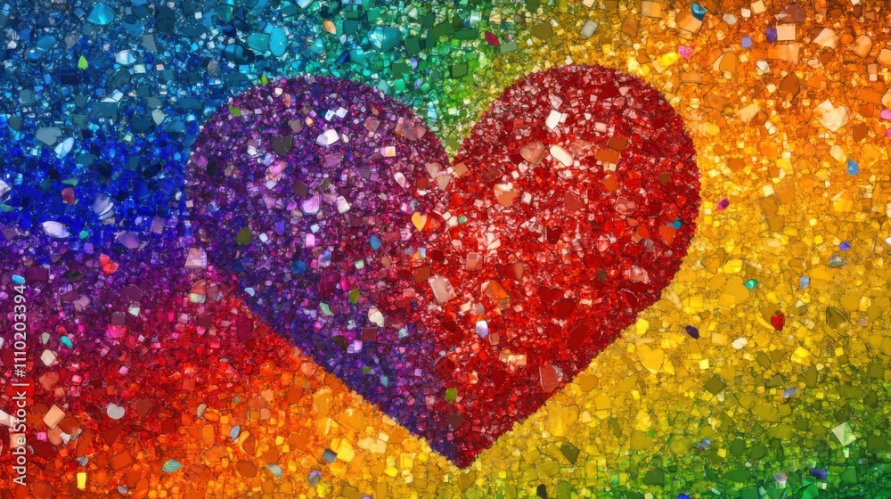 A vivid depiction of LGBTQ+ inclusion with a vibrant rainbow mosaic forming a heart shape, symbolizing love and acceptance across the spectrum, minimalist composition
